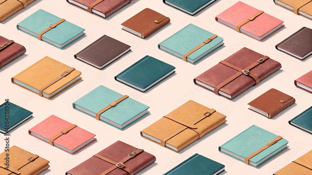 Fototapeta premium Colorful Array of Leather Journals and Notebooks Arranged in a Pattern