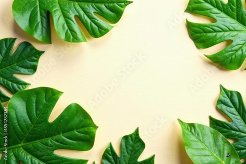 Blank canvas mockup with lush green leaves on beige Flat lay, top view , elegant, promotional, business