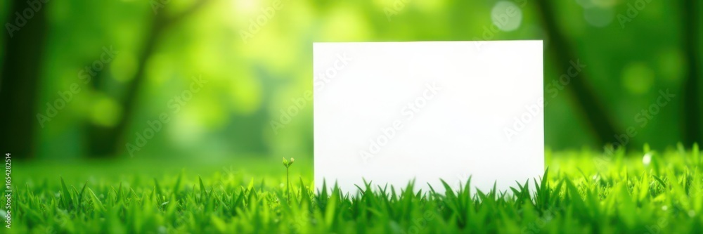 Fototapeta premium Blank white poster on green grass backdrop, blurred leaves , spring, green, eco friendly