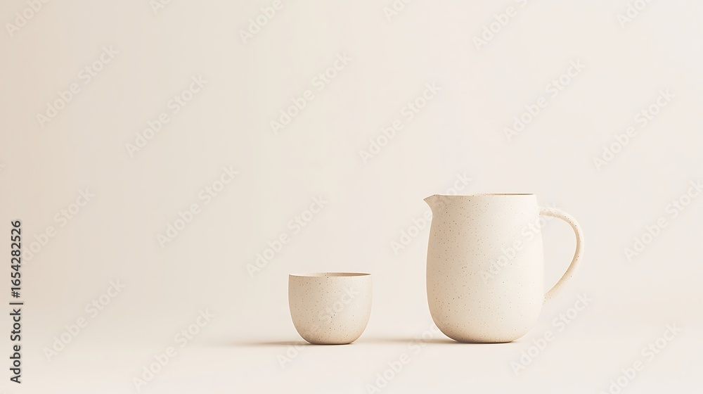 Fototapeta premium Minimalist ceramic pitcher and cup on a neutral background