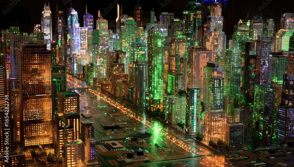 Obraz premium Illuminated cityscape model at night