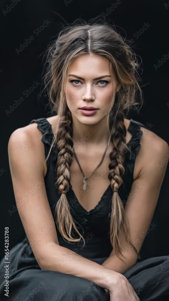 Fashion portrait of woman with braids in black background, dramatic elegance. Fashion portrait of woman with braids in black background, dramatic elegance.