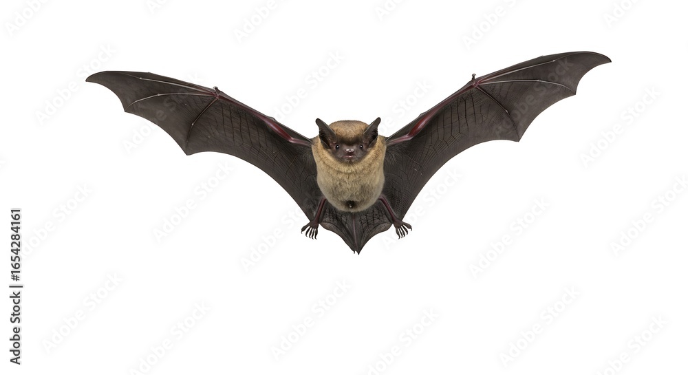Fototapeta premium Flying bat with wings spread wide, isolated on white background, detailed wing structure visible