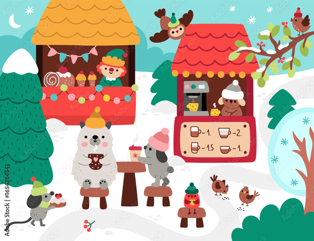 Fototapeta premium Vector Christmas fair landscape. Holiday market detailed scene with cute animals and birds drinking coffee on winter night. New year village background for kids with sweet stand with elf