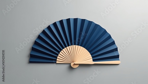 Open blue paper hand fan with natural wood handle on plain gray background. Traditional folding fan, minimalist design. Portable accessory for summer heat, wind, ventilation.