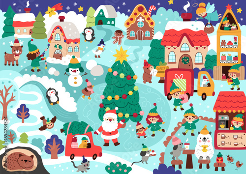 Vector Christmas village landscape. New Year detailed scene with Santa Claus, elves, deer, fir tree, cars, houses, animals, snowman, fair, market. Cute festive winter holiday background for kids