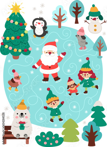 Vector skating rink landscape with Santa Claus, elves, animals, tree, snowman. Christmas village detailed scene with cute winter characters on ice skates. New Year holiday background for kids