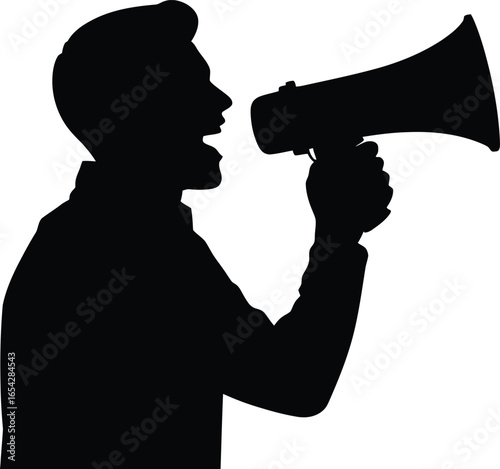 Man in silhouette speaking loudly into a megaphone announcing news
