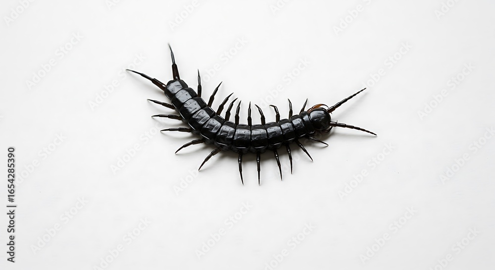 Fototapeta premium Glossy Black Centipede Curving on a Bright White Surface, Macro Detail