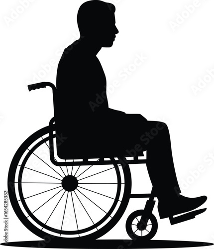 Man in wheelchair silhouette facing right with detailed spokes and frame