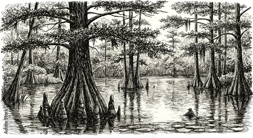 Vintage ink sketch Bald cypress with knees doodle black and white vector illustration on white background, engraving woodcut style