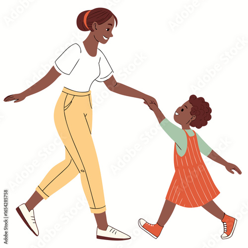 A loving mother and daughter walking together, isolated on white background, in a heartwarming moment of love and connection