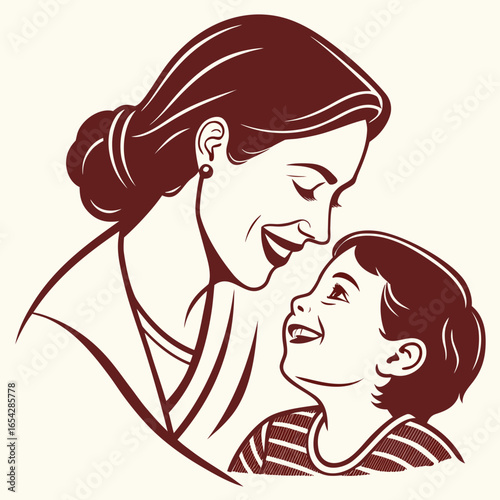 A loving mother gazes at her smiling child, a heartwarming illustration of family bond and affection isolated on white background