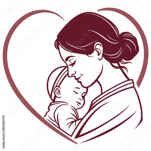 A loving mother holding her baby in a heart, isolated on white background, in a heartwarming moment of love and tenderness