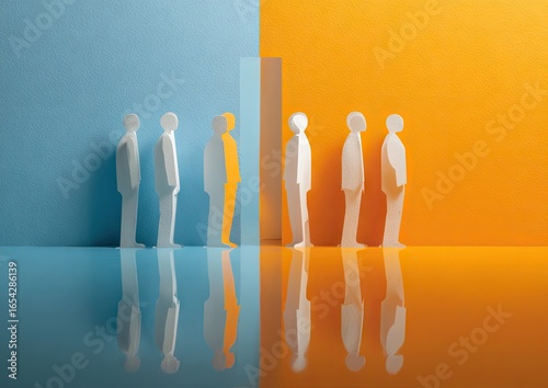 Paper people in lines, divided by a wall.  Two lines of white paper figures in business attire stand in neat rows, separated by a translucent wall. One figure is partially visible behind the wall.