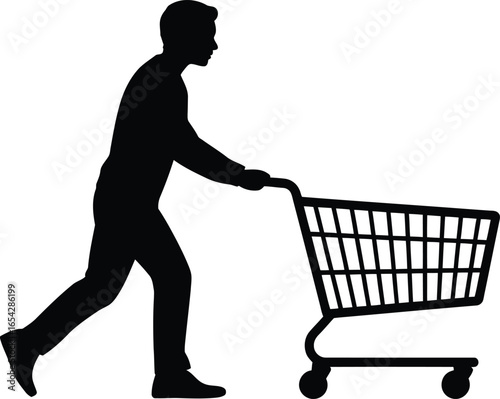 Man pushing a shopping cart in a simple black silhouette style