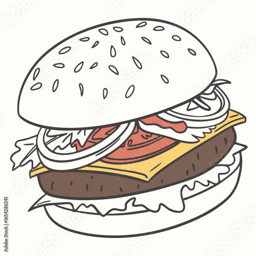 Illustration of a delicious burger with sesame seeds, lettuce, tomato, cheese, and onion isolated on white background