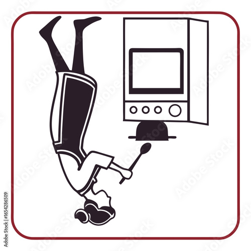 Illustration of a woman cooking in the kitchen with an oven and a spoon isolated on white background