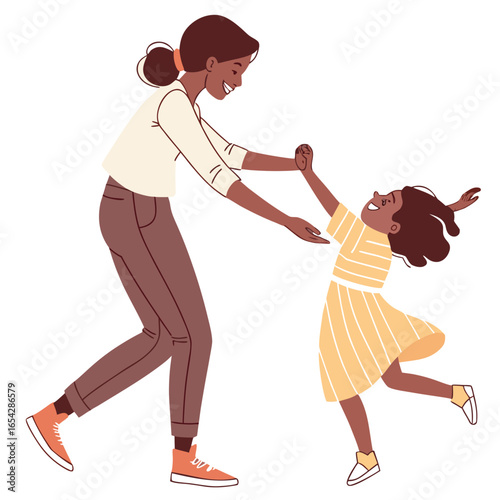 Joyful mother and daughter dancing together, celebrating love and family bond with happiness in a minimalist line drawing style