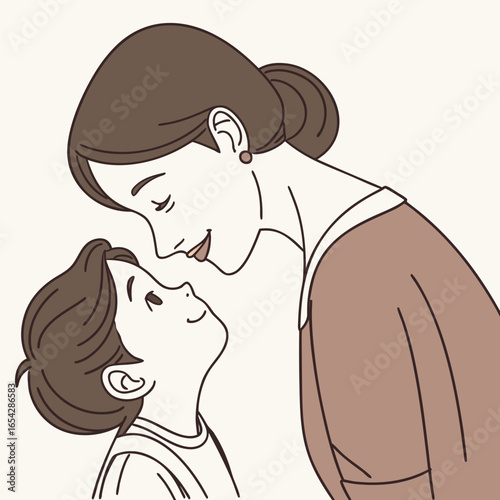 Loving mother and child looking at each other with affection, a tender moment captured in a minimalist line drawing style