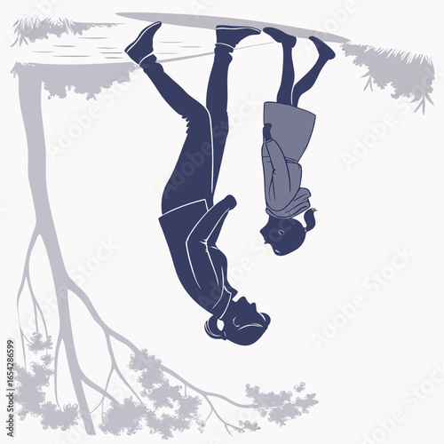Mother and daughter hanging upside down from a tree branch, symbolizing love and connection, drawn in a simple and whimsical style