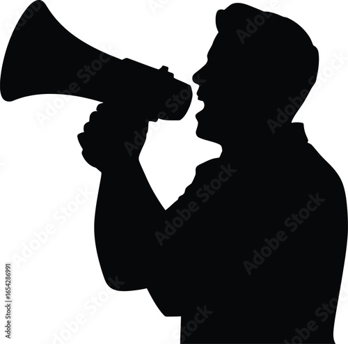 Man shouting into a megaphone in a stark black silhouette against a white background silhouette