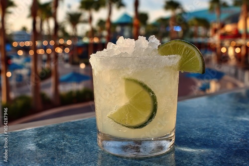 A refreshing margarita cocktail garnished with lime, topped with ice, served outdoors with a palm tree-lined backdrop and soft bokeh lights during twilight.