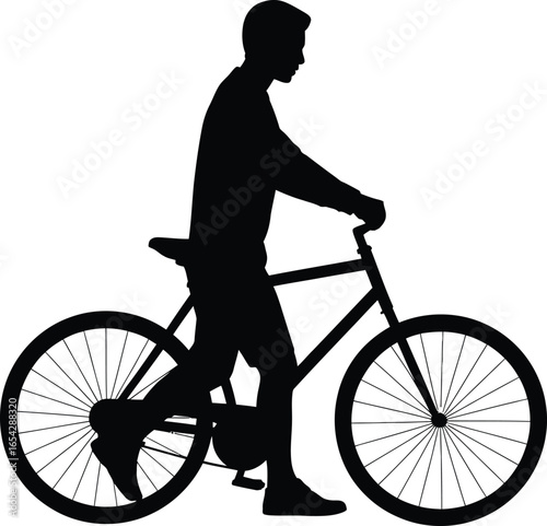 Man standing next to bicycle in a stark black silhouette against a white background