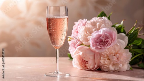 Fototapeta Naklejka Na Ścianę i Meble -  A champagne flute filled with pink liquid next to a bouquet of pink and white roses on a table
