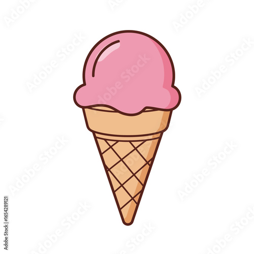 Vector illustration of a pink strawberry ice cream scoop in a crispy waffle cone. A delicious sweet summer dessert treat isolated on a white background.