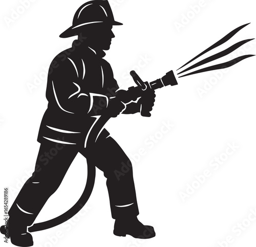 Black and white firefighter in full gear holding hose and spraying water, Firefighter with hose