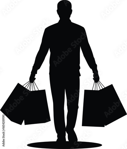 Man walking with shopping bags silhouette against white background