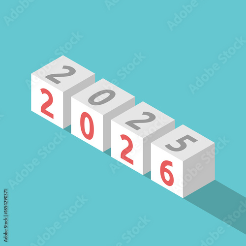 Isometric cubes with 2025 and 2026 text. New Year, countdown, beginning, time, future, expectation and anticipation concept. Flat design. EPS 8 vector illustration, no transparency, no gradients