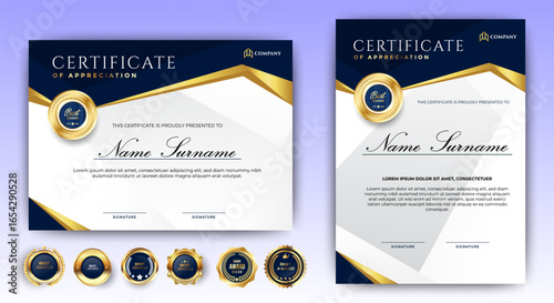 Certificate of appreciation template, gold and blue color. Clean modern certificate with gold badge. Certificate border template with luxury and modern line pattern. Diploma vector template.