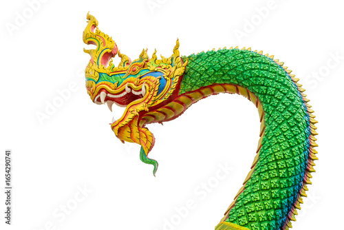 Green Naga statue with intricate golden details, Isolated on transparent background