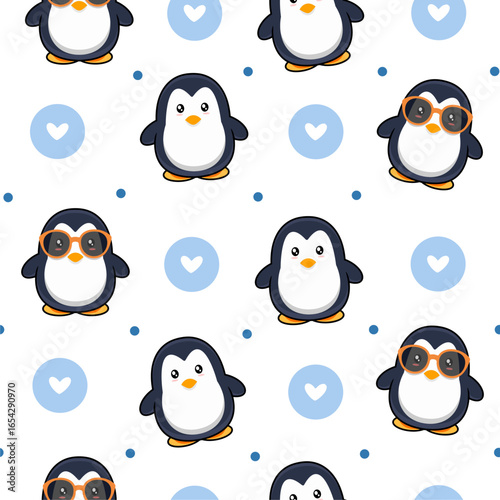 repeating pattern with cute cartoon penguins and hearts