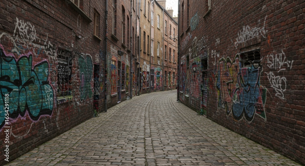 Fototapeta premium Urban Exploration_ Graffiti Art Adorns a Cobblestone Alleyway in a Historic District