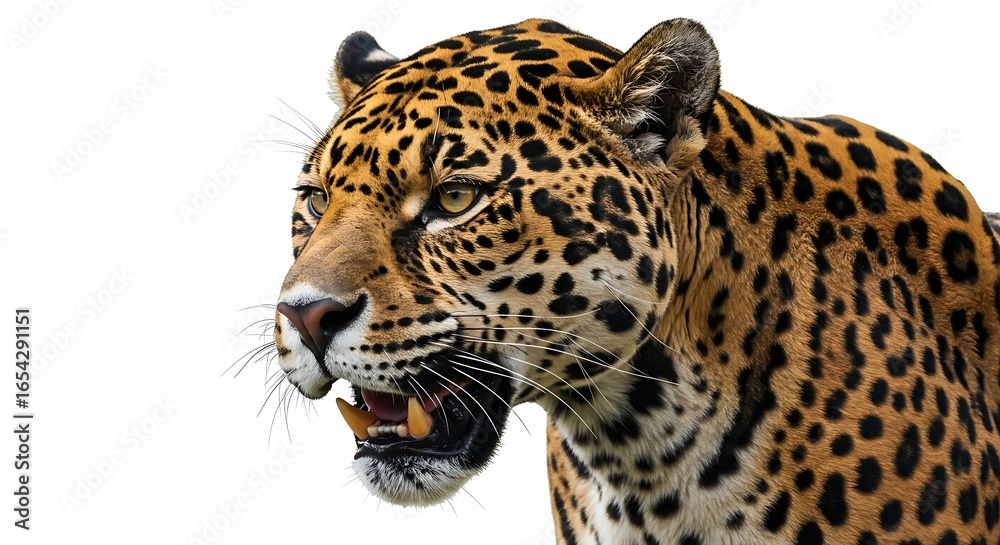 Obraz premium Intense Jaguar Portrait: Golden Eyes, Spotted Fur, and Open Mouth on White Background
