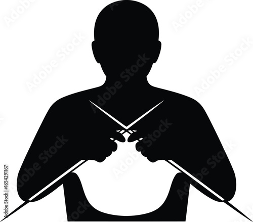 Person knitting with needles and yarn in a simple black silhouette