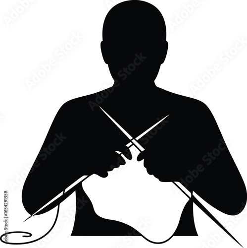 Person knitting with yarn and needles in a simple black silhouette