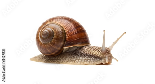 Isolated garden snail with brown shell and extended antennae on white background