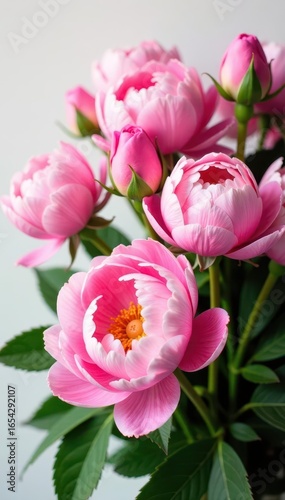 A lush bunch of pink peonies and roses; ample white space , backdrop, pastel, garden