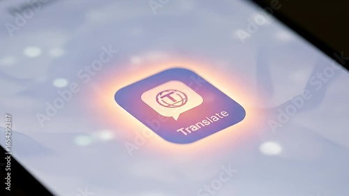 A phone screen displays a translate app icon glowing with purple and orange light