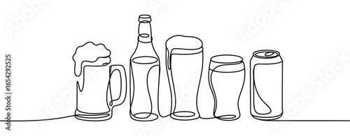 Minimalist continuous line drawing of beer mug, bottle, pint glass, can, and shot glass in modern beverage-themed vector style