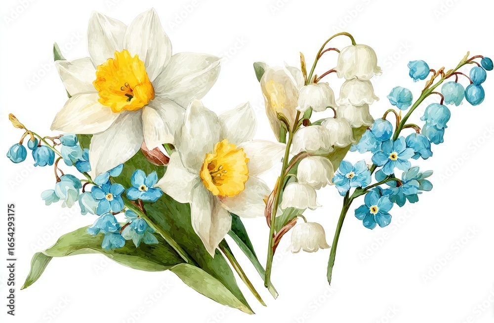 Obraz premium Delicate spring bouquet of daffodils, lilies of the valley, and forget-me-nots