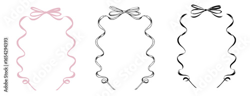 Vector illustration of rectangular Frames with Ribbons and Bows. Linear drawing of Borders in pink and black colors. Outline etching for baby shower invitations or party greeting cards.