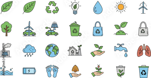 Various environmental and sustainability icons arranged on white background