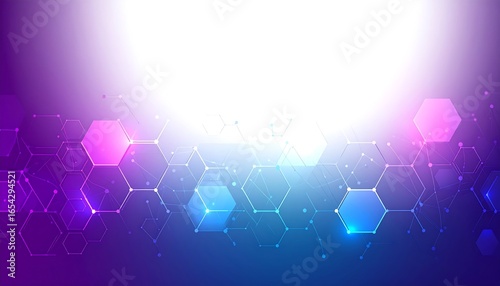 A vibrant, abstract design showcases a network of interconnected hexagons in a gradient of purple and blue, highlighted with glowing lines and points.