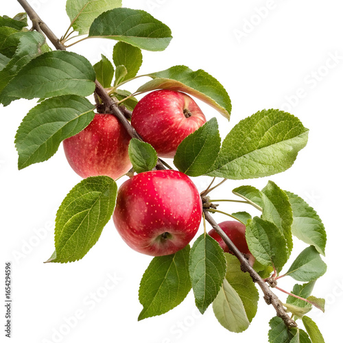 An apple branch with vibrant red apples and lush green leaves.