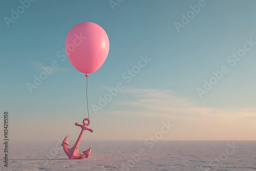 A single pink balloon lifts a small pink anchor against a serene pastel sky